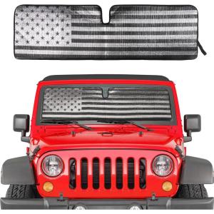 imageSavadicar Windshield Sun Shade for 19972018 Jeep Wrangler TJ JK JKU Sunshades Heat Shield Aluminum Foil Triple Laminate Structure SilverUSA Flag